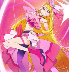 Rule 34 | 1girl, bare shoulders, blonde hair, boots, bridal gauntlets, commentary request, cure butterfly, dated, frills, gradient background, hand on own hip, haruyama kazunori, highres, hijiri ageha, hirogaru sky! precure, long hair, looking at viewer, magical girl, midriff, navel, pantyhose, parted bangs, pink eyes, precure, purple pantyhose, red footwear, single leg pantyhose, smile, solo, standing, standing on one leg, twitter username, very long hair