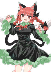 Rule 34 | 1girl, animal ears, arms up, black bow, black dress, black tail, blush, bow, braid, breasts, cat ears, cat tail, chups, dress, extra ears, fang, fingernails, frilled dress, frilled sleeves, frills, hair bow, highres, kaenbyou rin, long fingernails, long sleeves, looking at viewer, medium breasts, medium hair, multiple tails, nail polish, open mouth, red eyes, red hair, red nails, red neckwear, simple background, smile, solo, standing, tail, touhou, twin braids, two tails, white background, wide sleeves