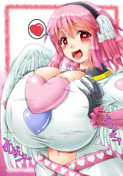 Rule 34 | 1girl, baroque20320514fu, blush, breasts, cleavage, gigantic breasts, heart, heart-shaped pupils, heart print, highres, midriff, open mouth, pink hair, red eyes, saliva, spoken heart, symbol-shaped pupils, tongue, wings