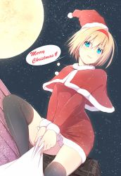 Rule 34 | 1girl, alice margatroid, bag, black thighhighs, blonde hair, blue eyes, capelet, chimney, commentary request, dress, full body, hairband, hat, long sleeves, merry christmas, nirap, panties, pantyshot, red dress, rooftop, santa costume, santa hat, short hair, sitting, sky, smile, solo, star (sky), starry sky, thighhighs, thighs, touhou, underwear, upskirt, v arms, white panties, zettai ryouiki