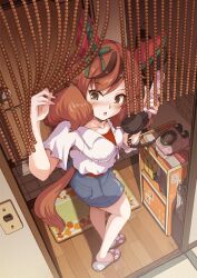Rule 34 | 1girl, animal ears, antique phone, blush, brown eyes, brown hair, casual, from side, highres, holding, holding phone, horse ears, horse girl, horse tail, indoors, looking to the side, medium hair, multicolored hair, nice nature (umamusume), phone, red shirt, rotary phone, satomura kyou, shirt, shorts, slippers, solo, streaked hair, tail, twintails, umamusume, white shirt
