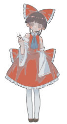 Rule 34 | 1girl, absurdres, alternate legwear, armpit crease, ascot, back bow, backlighting, bare shoulders, black footwear, black hair, blue ascot, blunt bangs, blush, bow, bright pupils, closed mouth, detached sleeves, frilled bow, frills, full body, hair bow, hakurei reimu, hand up, head tilt, highres, large bow, long sleeves, looking at viewer, mary janes, medium skirt, muted color, pantyhose, ponytail, red bow, red skirt, red vest, ribbon-trimmed sleeves, ribbon trim, shoes, sidelocks, simple background, skirt, skirt set, sleeves past fingers, sleeves past wrists, solo, standing, touhou, uewtsol, v, vest, white background, white pantyhose, white pupils, white sleeves, wide sleeves, wing collar