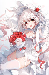 Rule 34 | 1girl, :d, ahoge, animal hair ornament, bare shoulders, bison cangshu, bouquet, commentary request, elbow gloves, fang, flower, gloves, gradient hair, grey hair, hair between eyes, highres, holding, holding bouquet, leotard, long hair, looking at viewer, multicolored hair, open mouth, original, red eyes, red flower, red hair, red rose, rose, smile, solo, thighhighs, twintails, veil, very long hair, white gloves, white leotard, white thighhighs