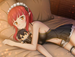 Rule 34 | 1girl, absurdres, bare arms, bare shoulders, bed sheet, blunt bangs, blush, breasts, brick wall, brown eyes, closed mouth, eyebrows hidden by hair, halterneck, highres, kirito, kirito (sao-alo), long hair, lying, maid headdress, medium breasts, micro shorts, midriff, mysteryctu, navel, on side, pillow, pointy ears, rain (sao), red hair, shorts, sideboob, smile, solo, stomach, sword art online, thigh strap, white shorts