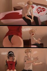 Rule 34 | ..., 1boy, 1girl, 3koma, absurdres, ass, bed, black panties, blonde hair, comic, commentary, detached sleeves, english commentary, english text, enn matien, hetero, highres, husband and wife, lingerie, long hair, off-shoulder sweater, off shoulder, on bed, panties, pantyshot, red sweater, sitting, speech bubble, spoken ellipsis, spy x family, sweater, twilight (spy x family), undercut, underwear, yes-no pillow, yor briar