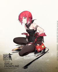 Rule 34 | 1girl, bare shoulders, black dress, black footwear, black jacket, black pantyhose, black scarf, boots, breasts, character name, chinese commentary, chinese text, clothes pull, copyright name, dress, earpiece, first aid kit, full body, girls&#039; frontline, green eyes, gun, hair ornament, hairclip, highres, holding, holding gun, holding weapon, jacket, jacket pull, kinoshita neko, long hair, looking at viewer, machine gun, mpl (girls&#039; frontline), official art, open mouth, pantyhose, promotional art, red hair, scarf, simple background, sitting, small breasts, solo, submachine gun, torn clothes, torn dress, torn pantyhose, torn scarf, walther, walther mp, weapon