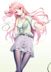 Rule 34 | 1girl, black pantyhose, blush, bow, breasts, cleavage, closed mouth, clover, collared shirt, commentary request, emily stock, four-leaf clover, front-tie top, gradient background, green background, green shirt, hair bow, head tilt, highres, holding, leaning to the side, long hair, looking at viewer, medium breasts, one side up, original, pantyhose, pink hair, purple skirt, red eyes, ririko (zhuoyandesailaer), shirt, short sleeves, skirt, smile, solo, thigh gap, very long hair, white background, wide sleeves, yellow bow