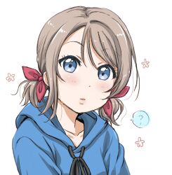 Rule 34 | 1girl, ?, blue eyes, blue hoodie, blush, bow, collarbone, highres, hood, hoodie, light brown hair, looking at viewer, love live!, love live! sunshine!!, red bow, rippe, showgirl skirt, solo, speech bubble, twintails, watanabe you, wavy hair, white background