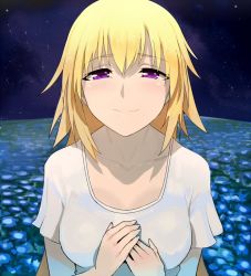 Rule 34 | 1girl, blonde hair, blouse, casual, commentary request, contemporary, fate (series), field, flower, flower field, hair between eyes, hands on own chest, jeanne d&#039;arc (fate), jeanne d&#039;arc (ruler) (fate), long hair, looking at viewer, night, night sky, purple eyes, shiny skin, shirt, sky, smile, solo, star (sky), upper body, walzrj, white shirt