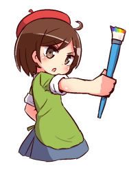 Rule 34 | 1girl, :o, adeleine, ado, beret, blue skirt, blush, brown eyes, brown hair, cropped torso, forehead, green shirt, hat, head tilt, holding, holding paintbrush, kirby&#039;s dream land 3, kirby (series), kirby 64, naga u, nintendo, outstretched arm, paintbrush, parted bangs, parted lips, pleated skirt, red hat, shirt, short hair, short sleeves, simple background, skirt, solo, v-shaped eyebrows, white background
