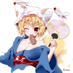 Rule 34 | 1girl, alternate costume, alternate eye color, blonde hair, blue kimono, blush, body blush, breasts, cleavage, hand fan, fang, floral print, food, fox tail, hat, holding, ikayaki, japanese clothes, kimono, large breasts, looking at viewer, mouth hold, multiple tails, obi, off shoulder, one eye closed, paper fan, red eyes, sash, short hair, simple background, solo, squid, tail, touhou, tsurime, twitter username, uchiwa, upper body, white background, yakumo ran, yamaguchi shinnosuke, yukata