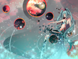 Rule 34 | 1girl, abstract, aqua hair, boots, bug, butterfly, closed eyes, eyelashes, flat chest, full moon, hatsune miku, high heels, highres, insect, john (32474247), long hair, long legs, moon, shoes, solo, surreal, twintails, very long hair, vocaloid, zipper