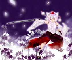 Rule 34 | 1girl, animal ears, bogyaku no m, breasts, detached sleeves, field, flower, flower field, full body, geta, hat, inubashiri momiji, katana, looking at viewer, outstretched arm, pants, petals, pom pom (clothes), red eyes, short hair, silver hair, small breasts, smile, solo, sword, tabi, tail, tengu-geta, tokin hat, touhou, turtleneck, weapon, wolf ears, wolf tail