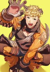 Rule 34 | 1boy, animal ears, black tank top, blonde hair, cropped jacket, fangs, feb itk, fur collar, granblue fantasy, highres, jacket, large pectorals, male focus, muscular, muscular male, official alternate costume, open clothes, open jacket, open mouth, orange jacket, pectorals, shirt, short hair, solo, tail, tank top, torn clothes, torn shirt, vane (granblue fantasy), vane (halloween) (granblue fantasy), white shirt, wolf boy, wolf ears, wolf paws, wolf tail