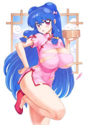 Rule 34 | 1girl, blue hair, bow, breasts, china dress, chinese clothes, dress, food, hair between eyes, hair bow, hair ornament, hand on own hip, highres, holding, holding food, large breasts, looking at viewer, mogudan, purple eyes, ranma 1/2, shampoo (ranma 1/2), solo, thighs, torn clothes, torn dress
