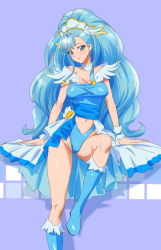 Rule 34 | 10s, 1girl, bad id, bad pixiv id, blue eyes, blue footwear, blue hair, blue leotard, boots, breasts, choker, cleavage, closed mouth, covered erect nipples, cure ange, earrings, highres, hugtto! precure, jewelry, leotard, lips, looking at viewer, magical girl, medium breasts, navel, ontaros, ponytail, precure, purple background, simple background, sitting, smile, solo, tiara, yakushiji saaya