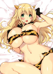Rule 34 | 1girl, alternate costume, animal print, atago (kancolle), bikini, black gloves, blonde hair, blush, breasts, bursting breasts, cleavage, cosplay, front-tie top, gloves, green eyes, groin, highres, horns, huge breasts, kantai collection, kekocha, long hair, looking at viewer, lum (cosplay), navel, oni, open mouth, side-tie bikini bottom, solo, swimsuit, tiger print