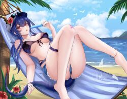 Rule 34 | 1girl, arknights, bare arms, bare shoulders, barefoot, baseball cap, bikini, black bikini, blue hair, blue shorts, blue sky, ch&#039;en (arknights), ch&#039;en the holungday (arknights), cloud, commentary, day, dragon tail, flower, food, hammock, hat, hat flower, highres, holding, holding food, holding popsicle, hollow mimikyu, knees up, long hair, looking at viewer, open mouth, partially visible vulva, popsicle, red eyes, red flower, short shorts, shorts, sky, solo, stomach, swimsuit, tail