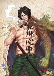Rule 34 | 1boy, abs, aramaki (ryokugyu), artist name, artist request, body writing, clenched teeth, devil fruit, facial hair, katana, large pectorals, looking at viewer, manly, military, military uniform, muscular, one piece, pants, pectorals, print pants, roots, serious, short hair, simple background, sky, smoking, standing, sword, teeth, tree, uniform, weapon