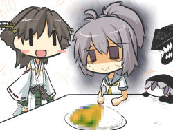 Rule 34 | 0 0, 10s, 2girls, abyssal ship, ahoge, aoba (kancolle), bad food, blush stickers, brown hair, censored, censored food, chibi, commentary, curry, curry rice, detached sleeves, empty eyes, food, goma (gomasamune), gradient background, hair ornament, hairband, hiei (kancolle), hood, kantai collection, multiple girls, nervous, nontraditional miko, open mouth, plate, ponytail, purple eyes, purple hair, re-class battleship, revision, rice, school uniform, serafuku, short hair, silver hair, simple background, smile, spoon, sweat, tears, wavy mouth, | |