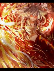 Rule 34 | 1girl, colorized, fire, fujiwara no mokou, glowing, glowing eyes, hair ribbon, letterboxed, long hair, looking to the side, nakaichi (ridil), open mouth, outstretched arm, pants, red eyes, ribbon, shirt, silver hair, sketch, smile, solo, torn clothes, torn shirt, touhou