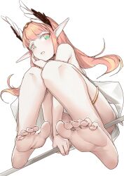 Rule 34 | 1girl, bare legs, barefoot, blush, circe (fate), fate/grand order, fate (series), feet, foot focus, foreshortening, heh, highres, long hair, multicolored eyes, pointy ears, soles, solo, thighlet, toes, white background