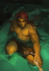 Rule 34 | 1boy, closed mouth, commentary, dark-skinned male, dark skin, earrings, english commentary, etcetceteras, ganondorf, holding hands, jewelry, long hair, male focus, muscular, nintendo, pectorals, red hair, topless male, solo focus, the legend of zelda, water