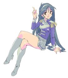 Rule 34 | 1girl, band uniform, blue hair, boots, breasts, brown eyes, earrings, epaulettes, jewelry, knee boots, crossed legs, long hair, looking at viewer, moriguchi nao (naonao), naonao77, open mouth, original, simple background, sitting, skirt, smile, solo, white background, white footwear