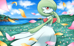 Rule 34 | blue sky, brown eyes, closed mouth, cloud, cloudy sky, commentary request, creature, creatures (company), day, feet out of frame, game freak, gardevoir, gen 3 pokemon, grass, hakuginnosora, looking at viewer, looking to the side, nintendo, outdoors, petals, pokemon, pokemon (creature), river, sky, smile, solo, standing, water, wind