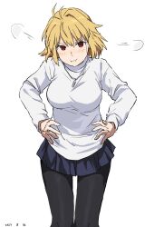 Rule 34 | 1girl, ahoge, annoyed, arcueid brunestud, black pantyhose, blonde hair, breasts, hands on own hips, highres, jewelry, large breasts, miniskirt, pantyhose, pendant, pout, red eyes, skirt, sweater, takatisakana, tsukihime, tsukihime (remake), white background, white sweater
