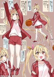 Rule 34 | 1girl, ahoge, alternate costume, ball, basketball (object), bike shorts, blonde hair, brown background, commentary request, dated, dot nose, full body, gym shirt, gym shorts, gym uniform, h (eitilog), hair ornament, hair ribbon, heterochromia, highres, hoshikawa sara, jacket, long hair, long sleeves, multiple views, navel, nijisanji, open clothes, open jacket, open mouth, orange eyes, orange ribbon, pink ribbon, playing sports, red eyes, red footwear, red jacket, red shorts, ribbon, shirt, shoes, shorts, side ponytail, simple background, sleeves past wrists, smile, sportswear, standing, t-shirt, track jacket, translation request, twitter username, upper body, very long hair, virtual youtuber, watermark, white shirt, x hair ornament