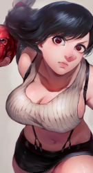 Rule 34 | 1girl, absurdres, bare shoulders, black hair, black skirt, breasts, cleavage, closed mouth, final fantasy, final fantasy vii, fingerless gloves, gloves, highres, ibuo (ibukht1015), incoming attack, incoming punch, large breasts, long hair, looking at viewer, low tied hair, midriff, navel, pencil skirt, pink lips, punching, red eyes, red gloves, shirt, skirt, suspender skirt, suspenders, swept bangs, tank top, taut clothes, taut shirt, thighs, tifa lockhart