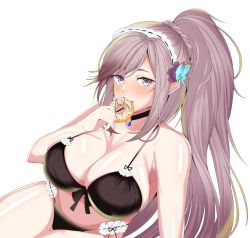 Rule 34 | 1girl, azur lane, bikini, black bikini, black choker, blue butterfly, braid, breasts, bug, butterfly, butterfly hair ornament, choker, crown braid, doughnut, dunkerque (azur lane), dunkerque (summer sucre) (azur lane), food, front-tie bikini top, front-tie top, grey hair, hair ornament, highres, holding, holding food, insect, large breasts, long hair, looking at viewer, ponytail, purple hair, shiny skin, solo, swimsuit, teroo