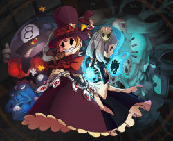 Rule 34 | 2girls, 5boys, andy anvil, apron, avery (skullgirls), back-to-back, bird, bloody marie (skullgirls), bomb, bow, boxing gloves, cigar, colored sclera, crossed arms, dress, explosive, extra eyes, eye socket, fire, fire, george the bomb, gloves, grey hair, grin, hair ornament, hat, k (yy4919), lenny the bomb, looking at viewer, looking back, maid, maid apron, maid headdress, mechanical arms, multiple boys, multiple girls, orange hair, peacock (skullgirls), red eyes, ribbon, ribs, sharp teeth, short hair, skull, skull hair ornament, skull heart, skullgirls, smile, smoking, teeth, tommy ten-tons, top hat, twintails, white gloves, wings, yellow sclera