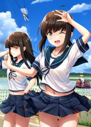 Rule 34 | 1boy, 4girls, ;d, admiral (kancolle), aircraft, airplane, black hair, blue neckerchief, blue sailor collar, blue skirt, blue sky, blunt bangs, blush, breasts, brown eyes, clothes lift, cloud, collarbone, commentary request, cowboy shot, day, fubuki (kancolle), green eyes, groin, gun, gym uniform, hand under clothes, hand under skirt, hatsuyuki (kancolle), highres, highway, holding, holding gun, holding weapon, ichikawa feesu, implied sex, kantai collection, long hair, looking ahead, looking at viewer, looking to the side, low ponytail, machine gun, midriff, midriff peek, molestation, multiple girls, murakumo (kancolle), navel, neckerchief, one eye closed, open mouth, outdoors, parachute, paratrooper, plant, pleated skirt, ponytail, ribbon, rice paddy, rice planting, rice transplanter, rifle, road, sailor collar, school uniform, serafuku, shading eyes, shirayuki (kancolle), shirt, short ponytail, short sleeves, sidelocks, skirt, skirt lift, sky, small breasts, smile, t-head admiral, textless version, translation request, weapon, white shirt, wind, wind lift