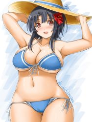 Rule 34 | 1girl, akimoto dai, bikini, black hair, blue bikini, breasts, cleavage, collarbone, commentary request, cowboy shot, flower, hat, hibiscus, highres, kantai collection, large breasts, looking at viewer, navel, one-hour drawing challenge, red eyes, short hair, side-tie bikini bottom, solo, straw hat, sun hat, swimsuit, takao (kancolle), wide hips