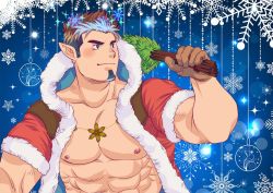 Rule 34 | 1boy, abs, bara, bare pectorals, blush, brown hair, facial hair, fur-trimmed jacket, fur trim, goatee, goshingo1, highres, jacket, large pectorals, long sideburns, looking to the side, male focus, mature male, multicolored hair, muscular, muscular male, nipples, open clothes, open jacket, pectorals, pointy ears, red jacket, santa costume, short hair, sideburns, smile, snowflakes, solo, sparkle, sparkling eyes, stomach, tokyo houkago summoners, tomte (housamo), two-tone hair, upper body, white hair