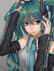 Rule 34 | 1girl, bad id, bad pixiv id, blue eyes, detached sleeves, green hair, hatsune miku, long hair, necktie, shame (sketch shot), simple background, solo, twintails, vocaloid