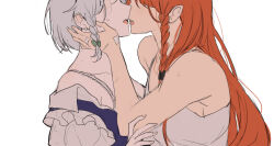 Rule 34 | 2girls, bare arms, blush, bra, braid, breasts, commentary request, grey hair, hand on another&#039;s face, hong meiling, imminent kiss, izayoi sakuya, korean commentary, long hair, medium breasts, multiple girls, off shoulder, open door, open mouth, orange hair, sarukana, short hair, side braid, simple background, small breasts, sweat, tank top, touhou, underwear, upper body, white background, white bra, white tank top, yuri