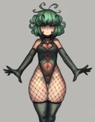 Rule 34 | 1girl, angry, breasts, choker, cleavage cutout, closed mouth, collarbone, curly hair, elbow gloves, fishnets, gloves, green eyes, green hair, green leotard, grey background, highres, kelvin hiu, leotard, looking at viewer, matching hair/eyes, messy hair, multiple views, navel, one-punch man, short hair, simple background, small breasts, stomach, tatsumaki, thighhighs, wide hips