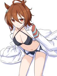 Rule 34 | 1girl, adapted costume, agnes tachyon (lunatic lab) (umamusume), agnes tachyon (umamusume), ahoge, animal ears, bikini, black bikini, breasts, brown hair, chemical structure, cleavage, closed mouth, coat, commentary request, criss-cross halter, earrings, feet out of frame, hair between eyes, halterneck, highres, horse ears, horse girl, horse tail, jewelry, lab coat, medium breasts, messy hair, navel, open clothes, open coat, open fly, red eyes, sena kizahashi, short hair, simple background, single earring, sleeves past fingers, sleeves past wrists, solo, swimsuit, tail, umamusume, very long sleeves, white background