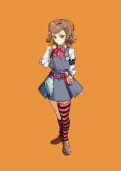 Rule 34 | 1girl, absurdres, arms behind back, asymmetrical legwear, badge, belt, blush, bow, bowtie, braid, brown eyes, brown footwear, brown hair, button badge, chi ya, closed mouth, grey skirt, highres, legs together, looking to the side, makishima haru, orange background, purple armband, raging loop, red belt, red bow, red bowtie, school uniform, short hair, side braid, skirt, solo, standing, striped clothes, striped thighhighs, thighhighs