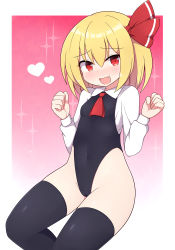 Rule 34 | 1girl, adapted costume, ascot, black leotard, black thighhighs, blonde hair, blouse, commentary request, covered navel, fang, hair ribbon, highleg, highleg leotard, highres, leotard, red ascot, red eyes, ribbon, rizento, rumia, shirt, short hair, sleeveless, solo, thighhighs, touhou, white shirt