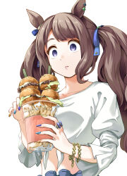 Rule 34 | 1girl, absurdres, animal ears, blue nails, bracelet, brown hair, burger, collarbone, ear piercing, fingernails, food, french fries, front-tie top, gomesu (gomes0343), hair ribbon, highres, holding, horse ears, horse girl, jewelry, juliet sleeves, long fingernails, long hair, long sleeves, midriff, multicolored nails, nail polish, open mouth, piercing, puffy sleeves, purple eyes, ribbon, ring, shirt, simple background, solo, tosen jordan (umamusume), twintails, umamusume, upper body, white background, white shirt, wide-eyed, yellow nails