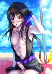 Rule 34 | 1boy, black hair, blush, censored, erection, fate/grand order, fate (series), functionally nude, gloves, highres, long hair, male focus, nipples, ocean, oda nobukatsu (fate), penis, red eyes, sky, solo, testicles, trap