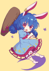 Rule 34 | 1girl, animal ears, blue dress, blue hair, blue sleeves, blush, chibi, crescent, crescent print, dress, hair between eyes, hair ornament, hands up, looking at viewer, mallet, medium hair, no shoes, open mouth, puffy short sleeves, puffy sleeves, rabbit ears, red eyes, seiran (touhou), short sleeves, short twintails, simple background, smile, socks, solo, star (symbol), star print, tomobe kinuko, touhou, twintails, weapon, white socks, yellow background