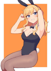 Rule 34 | 1girl, absurdres, animal ears, armpits, arms up, bare arms, bare shoulders, black bow, black bowtie, black leotard, blonde hair, blue eyes, blush, bow, bowtie, breasts, brown pantyhose, chiyoko (tykchiyo), cleavage, commentary request, detached collar, fake animal ears, fake tail, feet out of frame, highres, idolmaster, idolmaster cinderella girls, large breasts, leotard, long hair, looking at viewer, ohtsuki yui, orange background, pantyhose, playboy bunny, rabbit ears, rabbit tail, sitting, smile, solo, strapless, strapless leotard, tail, thighs, two-tone background, white background