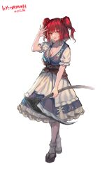 Rule 34 | 1girl, absurdres, black sash, blue dress, breasts, brown sash, cleavage, coin, coin on string, commentary, dated, dress, frilled sleeves, frills, full body, geta, hair bobbles, hair ornament, highres, holding, holding scythe, hua ha jiazi, large breasts, okobo, onozuka komachi, open mouth, red eyes, red hair, sandals, sash, scythe, short hair, short sleeves, signature, simple background, socks, solo, symbol-only commentary, touhou, two side up, white background, white socks