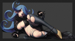 Rule 34 | 1girl, artist name, black lips, black thighhighs, blue hair, blurry, breasts, character request, cleavage, covered erect nipples, curly hair, depth of field, envenomist (gengoroumaru), full body, fur trim, gloves, hair over one eye, high heels, highres, knee up, large breasts, looking at viewer, lying, midriff, navel, on side, panties, panty pull, partially fingerless gloves, simple background, solo, thick thighs, thighhighs, thighs, underwear, unworn panties, yellow footwear