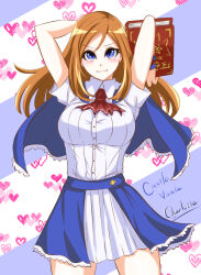 1girl ascot blue_capelet blue_eyes blush book brown_hair capelet castlevania:_portrait_of_ruin castlevania_(series) character_name charlotte_aulin copyright_name harimao_(hanzou_uji) heart holding holding_book long_hair looking_at_viewer red_ascot shirt skirt smile white_shirt